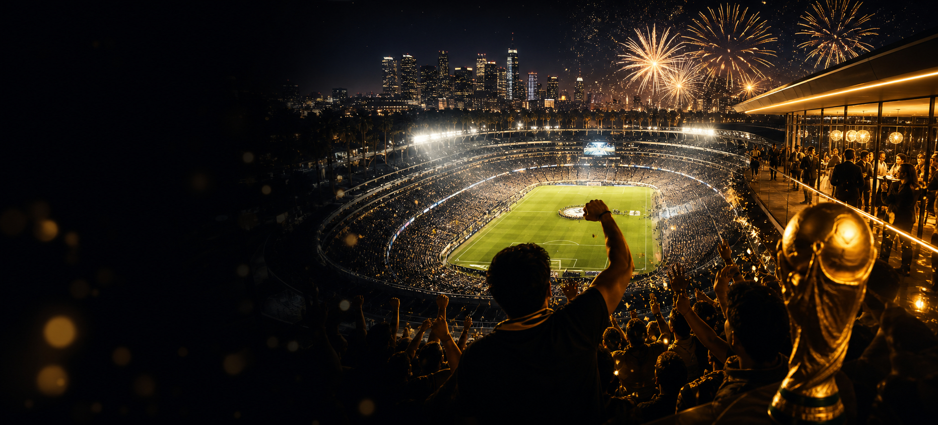 Illuminated soccer stadium filled for a major match